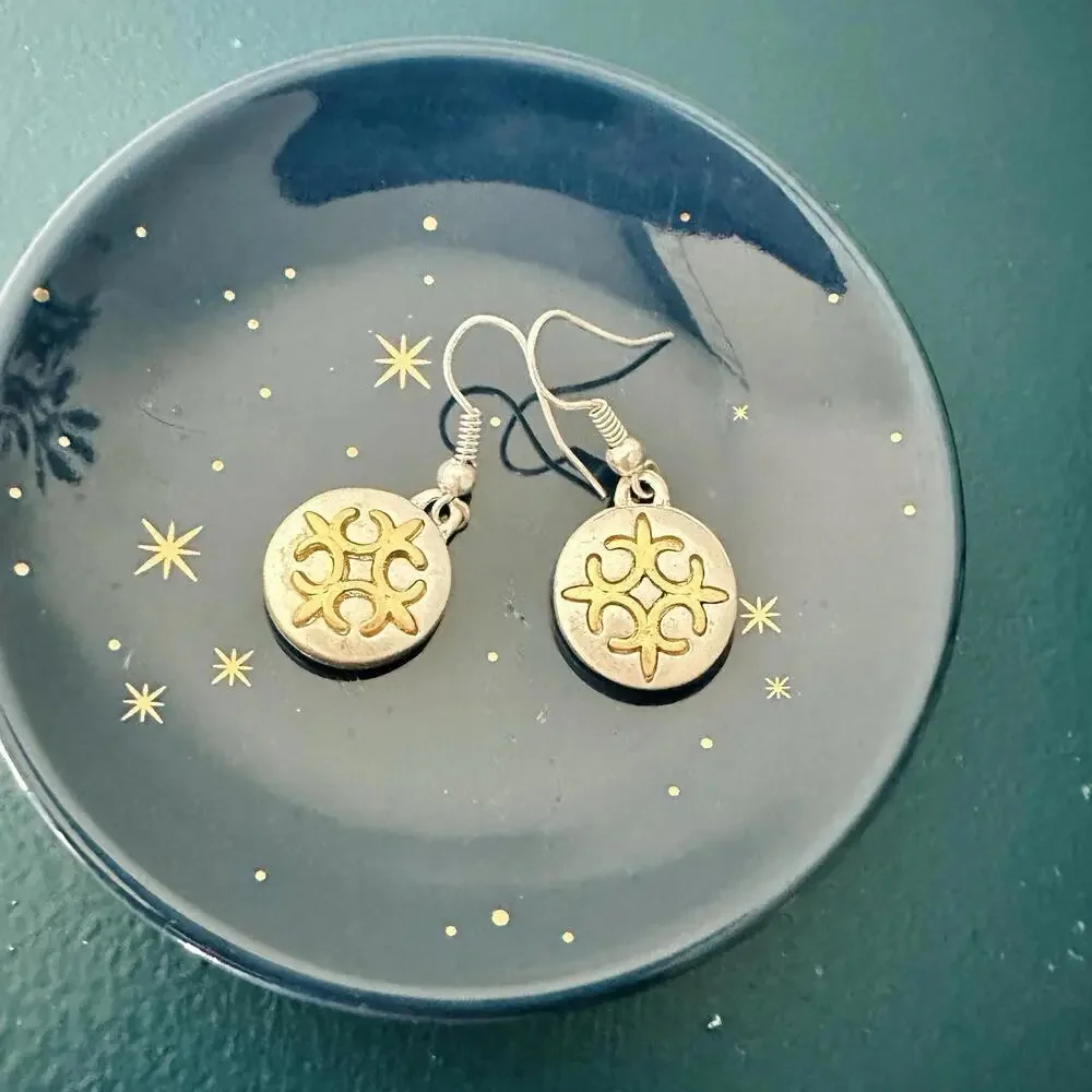 Open Cross Mismatched (Raised, Inlaid) Drop Silver- Gold-Tone Earrings - Picture 3 of 6